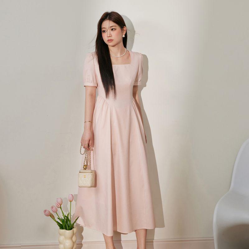 

Yu Plus Size Women s Clothing Plus Size Ladies French Square-Cut Collar Pink Dress Summer New Arrival Tight Waist Slim Looking Seaside A- line Skirt