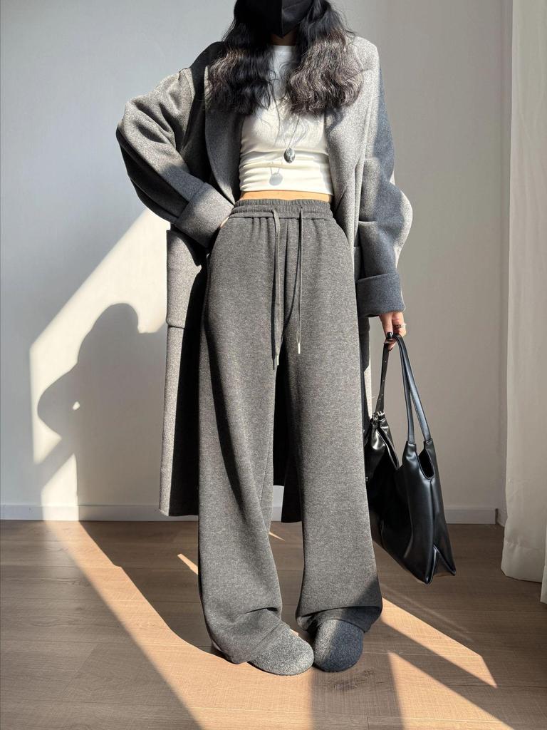 Aixuan White Wool Acetate Wide-Leg Pants: 2025 Autumn/Winter Women's Casual Draped Trousers