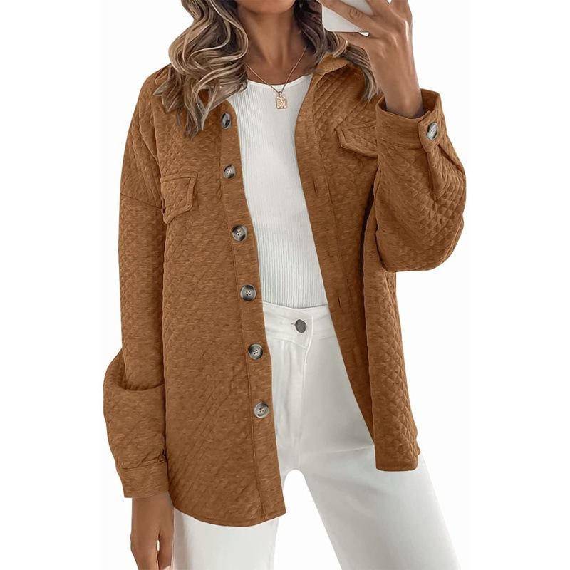 Women's Spring and Autumn Solid Color Diamond Pocket Lightweight Jacket Long Sleeve Casual Lapel Jacket