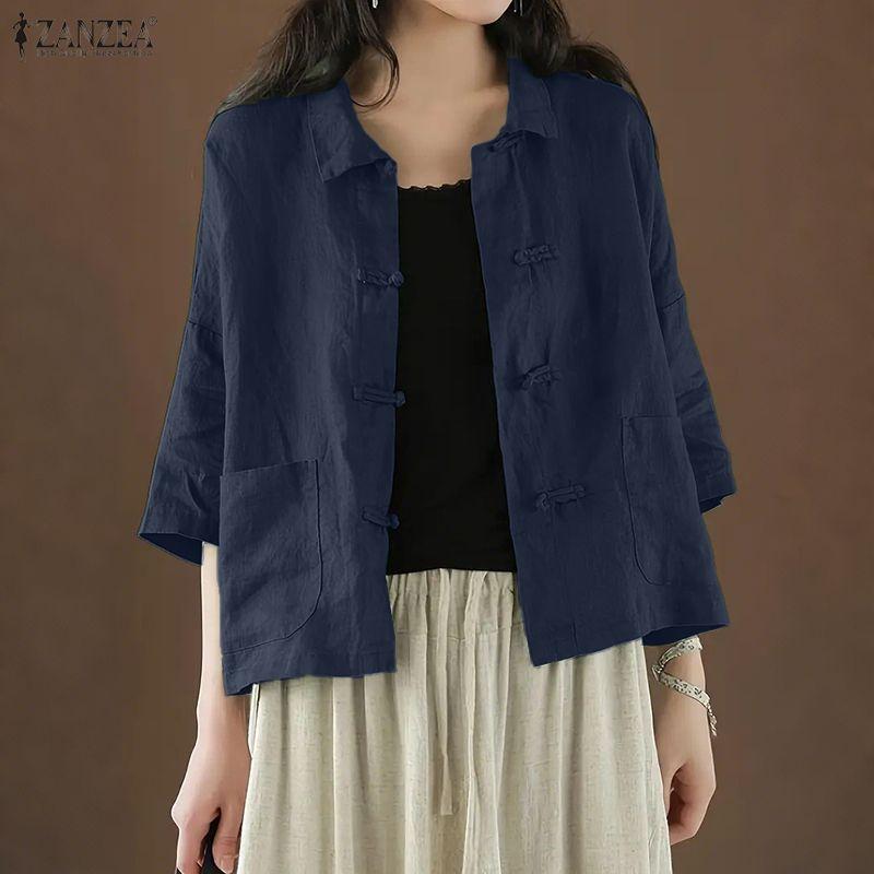 ZANZEA Women Summer Turn Down Collar Loose Half Sleeve Cotton Blouse