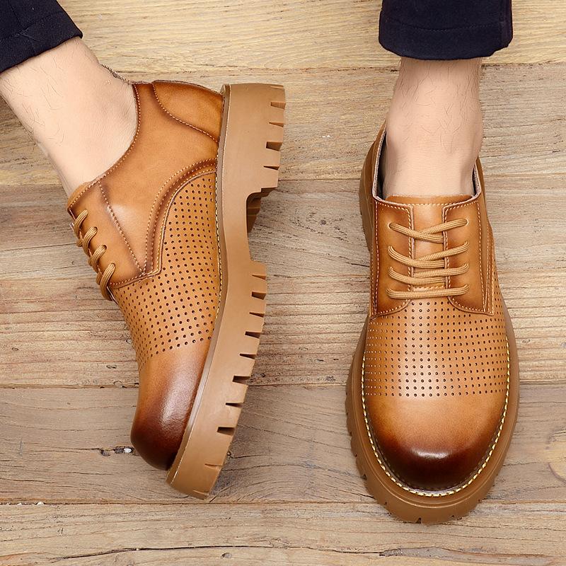 Big head leather shoes men's summer breathable thin business casual sandals youth platform round head shoes platform short boots men