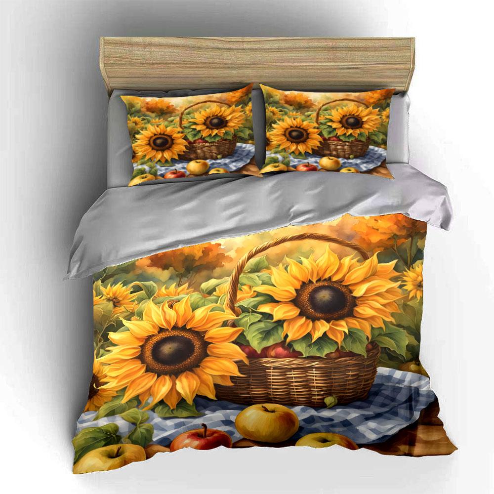 Sonnenblumen und Erntekorb Aufdruck Bettbezug-Set 1 Bettbezug + 2 Kissenbezüge verschiedene Größen Schlafzimmer Bettwäsche Dekor Luxusgeschenke