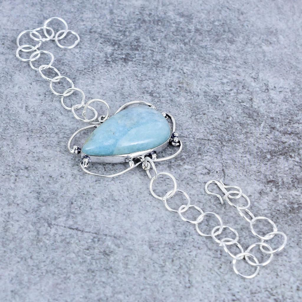 Aquamarine Gemstone Handmade 925 Sterling Silver Bracelet 7-8" M-2726