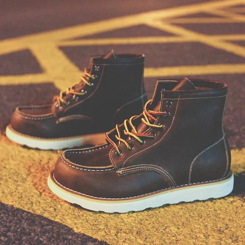Fashion Genuine Leather Men's Boots Vintage Tooling Boots Women Lovers' Short Boots Woman  Rhubarb Boots Men's Shoes