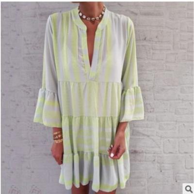 Moda Feminina Verão Primavera Estampa Bloco de Cores Mangas 3/4 Decote V Cintura Solta Vestidos Casuais