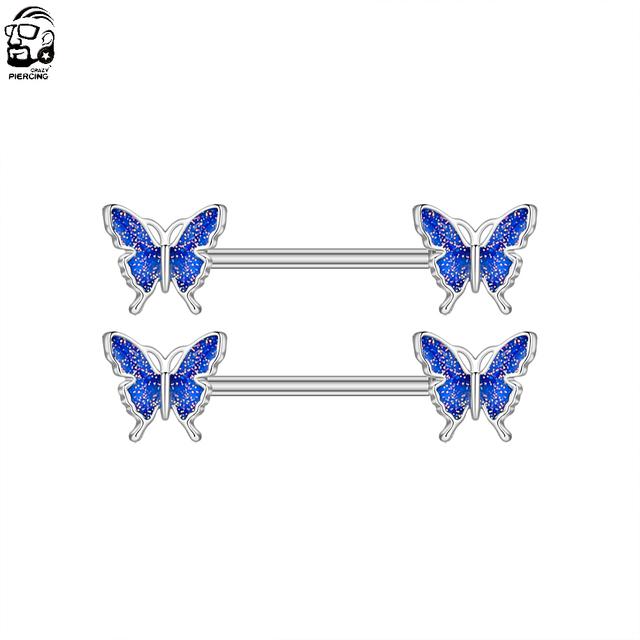 2pcs Butterfly Nipple Piercings Rings 16mm Length Bar Barbell Steel Crystal Nipple Shield Cover Heart Flower Tongue Body Jewelry