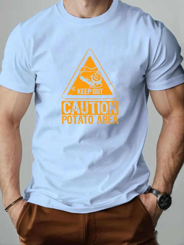 Mens cotton Tshirt CAUTION POTATO AREA summer round neck short sleeve graphic breathable fashion casual Tshirt