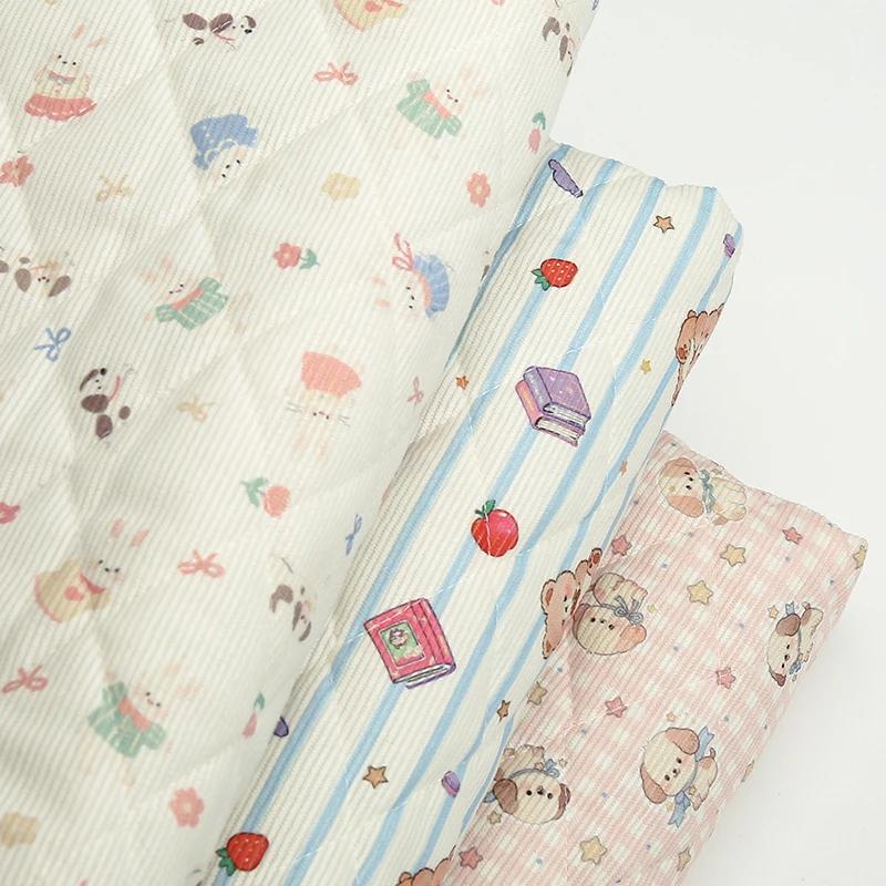 0.5m/1m/2m Thicken Small Bear Printed Corduroy Quilted Cotton Fabric for Sewing Jackets Handmade DIY Children's Clothing Fabric