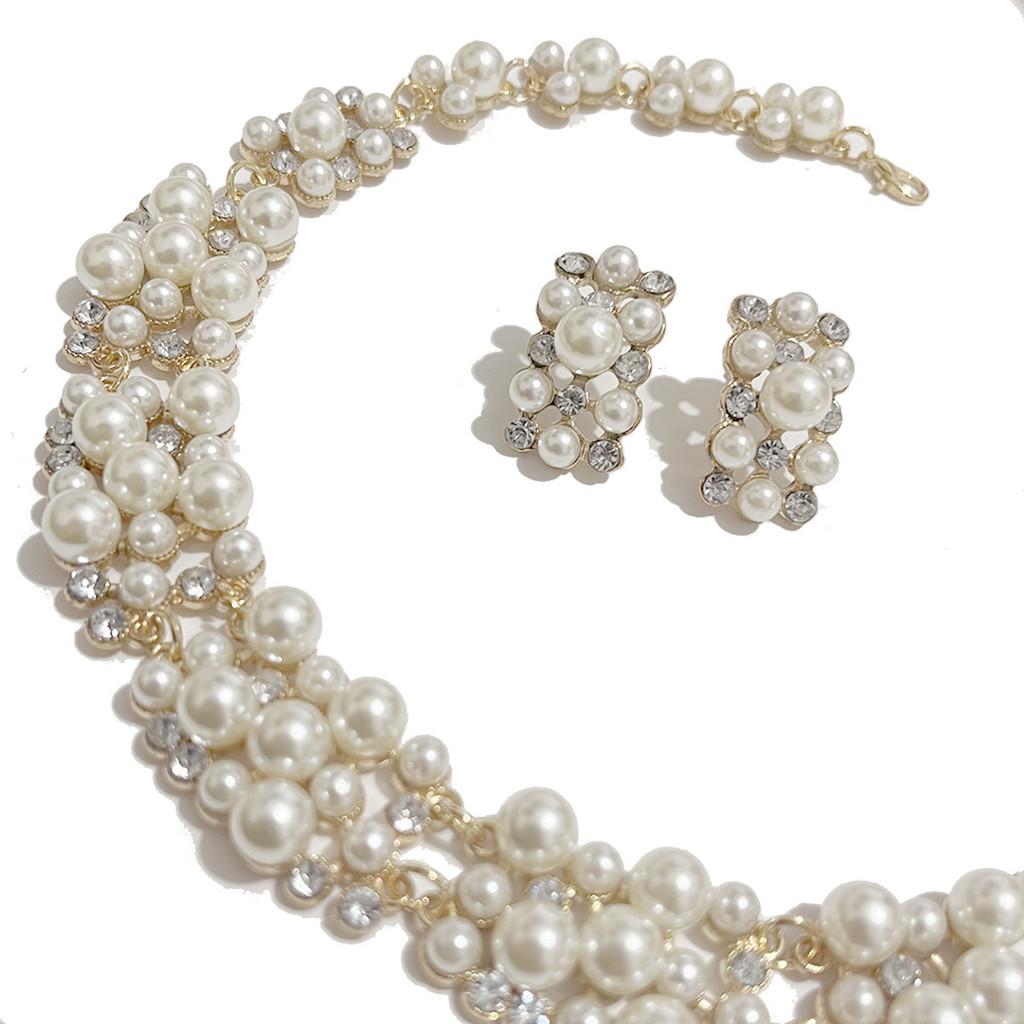 Fashion Pearl Water Drilling Short Bridal Necklace And Earring Set For Wedding Ceremony белый