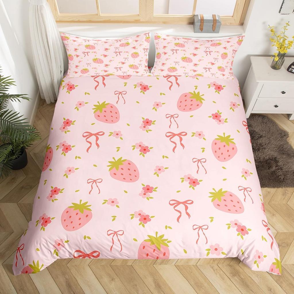 Strawbery Soft Duvet Cover Kawai Strawbery Beding Set for Children Kids Young Boys Young Girls Lovely Swet Fruits Theme Warm Comforter Cover Twin Quen