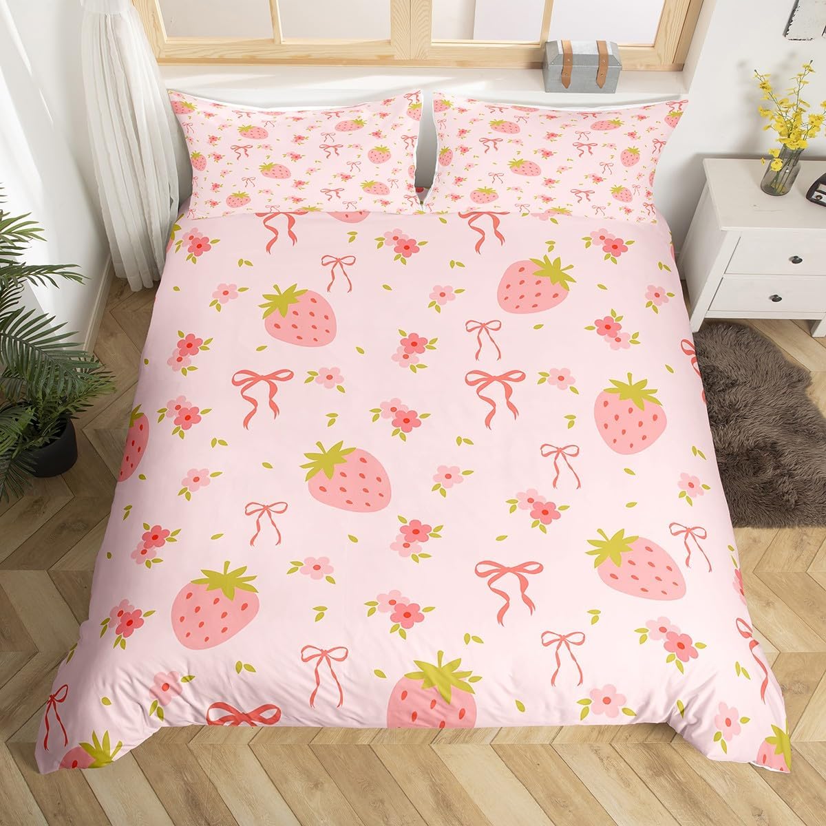 Strawbery Soft Duvet Cover Kawai Strawbery Beding Set for Children Kids Young Boys Young Girls Lovely Swet Fruits Theme Warm Comforter Cover Twin Quen 120*200cm Single
