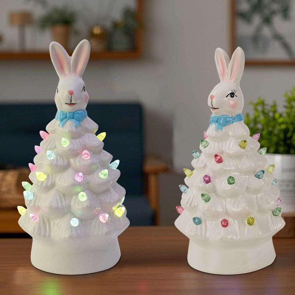 Ceramic Easter Bunny Tree Decoration with LED Lights Holiday Collectible Figurines Fireplace Table Farmhouse Spring Home Decor