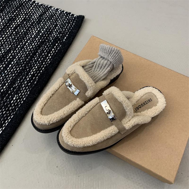 2024 Autumn/Winter Women's Fur-Lined Gold Lock Thick Heel Half Slippers
