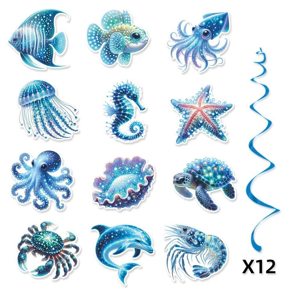12pcs Paper Hawaiian Spiral Hanging Tag Waterproof Ocean Theme Pendant  Party Favors