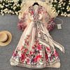 Vestido de Fiesta Boho para Mujer Impresión Floral Preciosa Gasa Manga de Farol Cierre de Cordones Cruzado Cuello en V Empalme de Banda de Satén