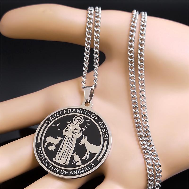 Colliers Médailles Saint François d'Assise pour Femmes Hommes Acier Inoxydable Couleur Argent Protecteur des Animaux Collier Bijoux N7569