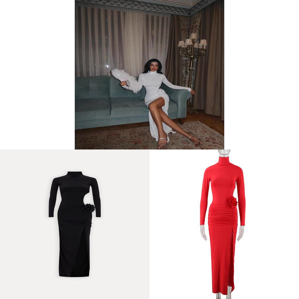 Sexy Red Satin Night Dress With 3d Floral Embellishments For Evening Wear