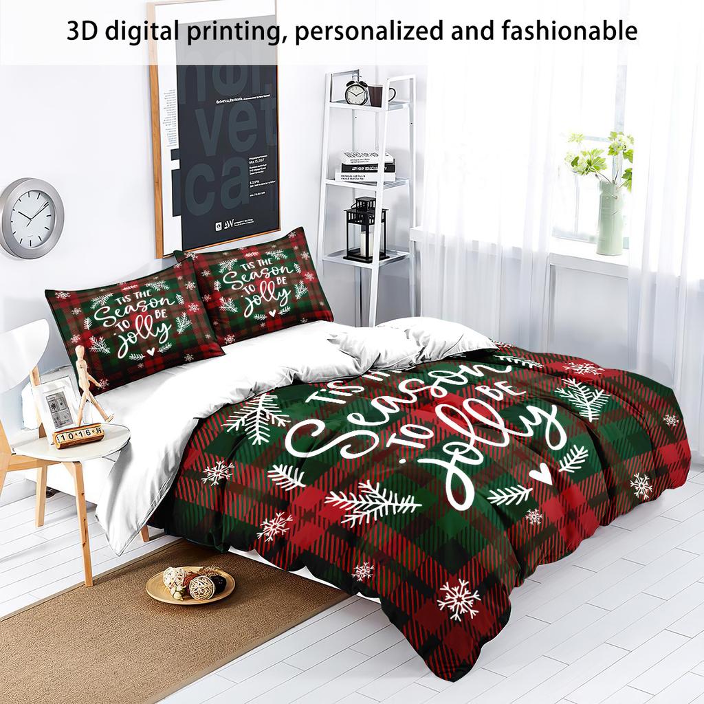 3pcs Christmas Plaid Print Coreless Bedding Set Comfortabl Dormitory Bedroom Holiday Decoration Multiple Sizes Machine Washable