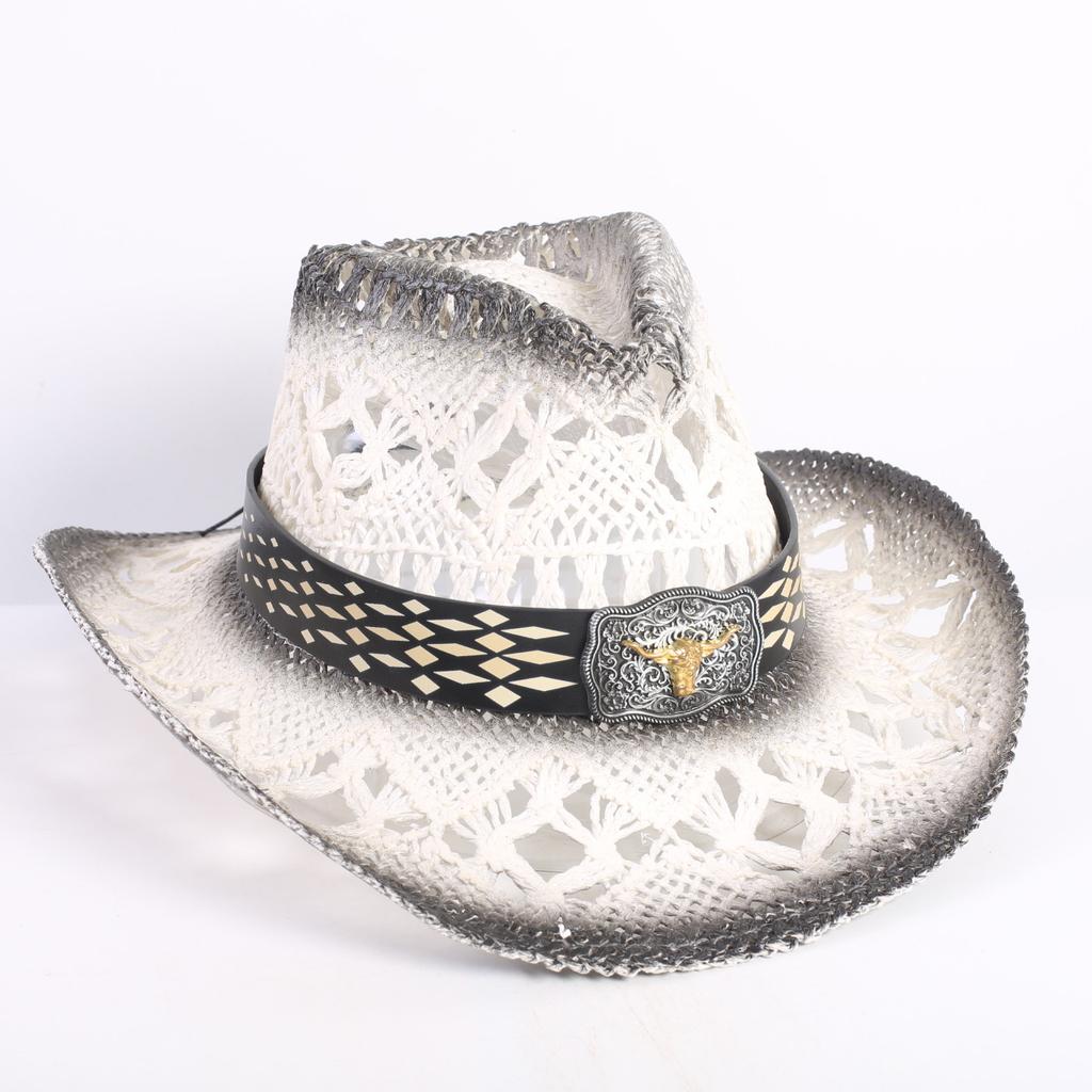 Popular European and American Fashion Hollow Woven Hat Straw Hat Men's and Women's Classic Outdoor Western Denim Straw Hat
