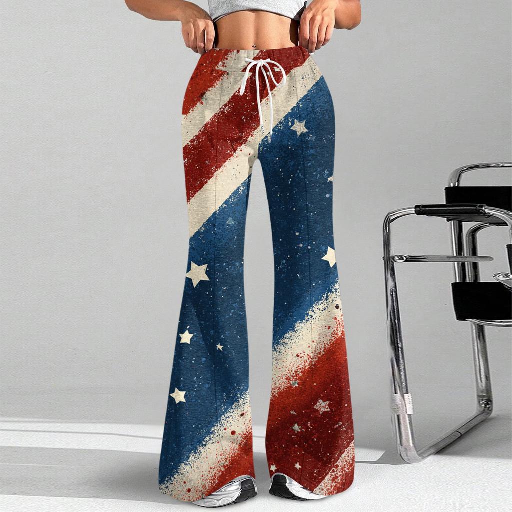 Women's Fashion Loose Drawstring Tight Waist Independence Day Printed Casual Sports Pants Casual Flared Pants