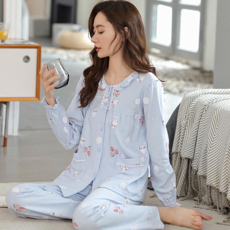 100% pure cotton pajamas women's long-sleeved printing set casual loose spring and autumn thin air-conditioned clothing loungewear can be worn outside