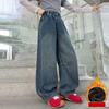 Children Winter Insulated Jeans Teen Kids Fashion Fleece Lined Street Trousers Girl Letter Embroidery Thermal Denim Pants