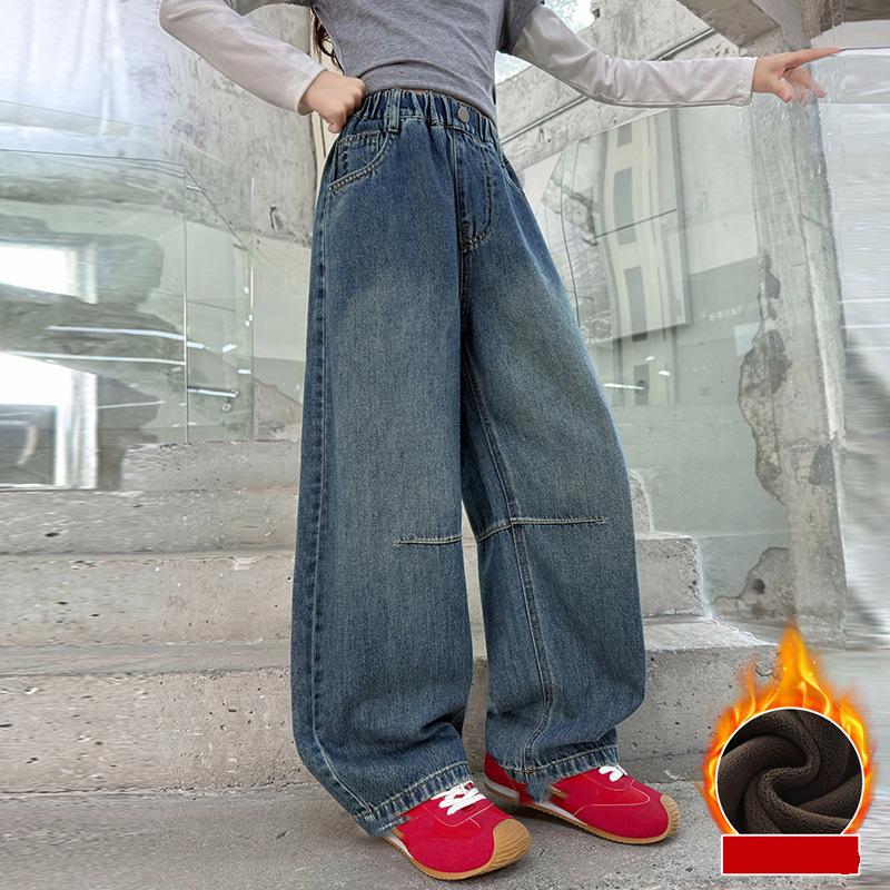 Children Winter Insulated Jeans Teen Kids Fashion Fleece Lined Street Trousers Girl Letter Embroidery Thermal Denim Pants