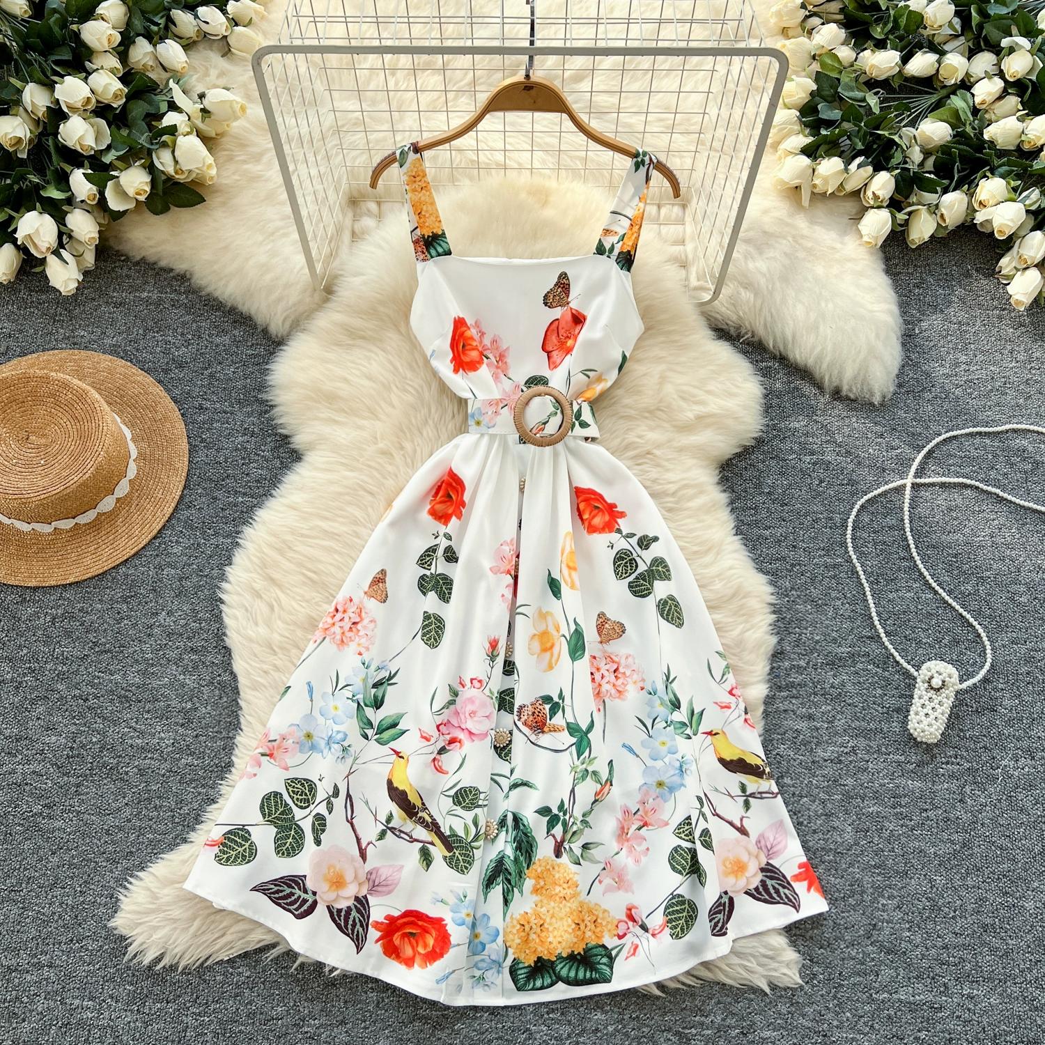 

Летние женские элегантные платья без рукавов с принтом на тонких бретельках, длинные, миди, с поясом S белый