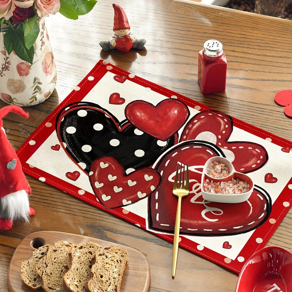 [Romantic Heart Placemats] 4/6/8pcs Heart-Shaped Red & Polka Dot Placemats | Machine-Washable Polyester, Rectangular Table Mats for Valentine's Day