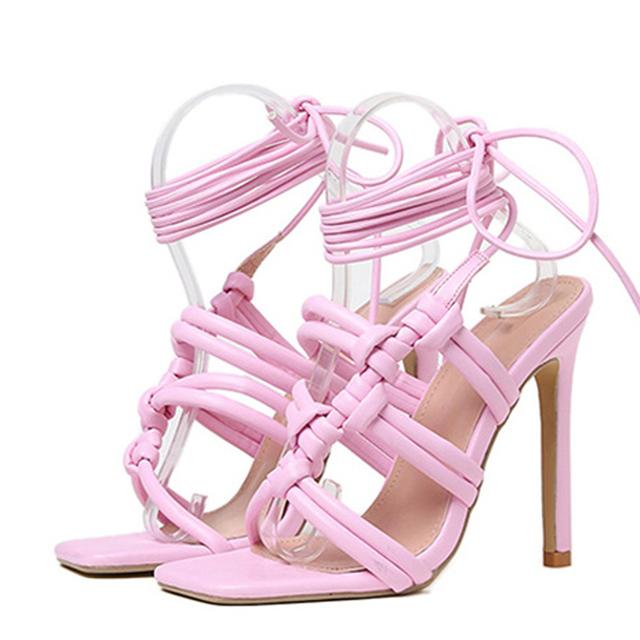 

Летние модные дизайнерские женские сандалии с плетением кристаллов и ремешком, туфли на высоком каблуке с открытым носком, перекрестной шнуровкой на щиколотке и вечерние туфли для выпускного вечера розового цвета 42 розовый