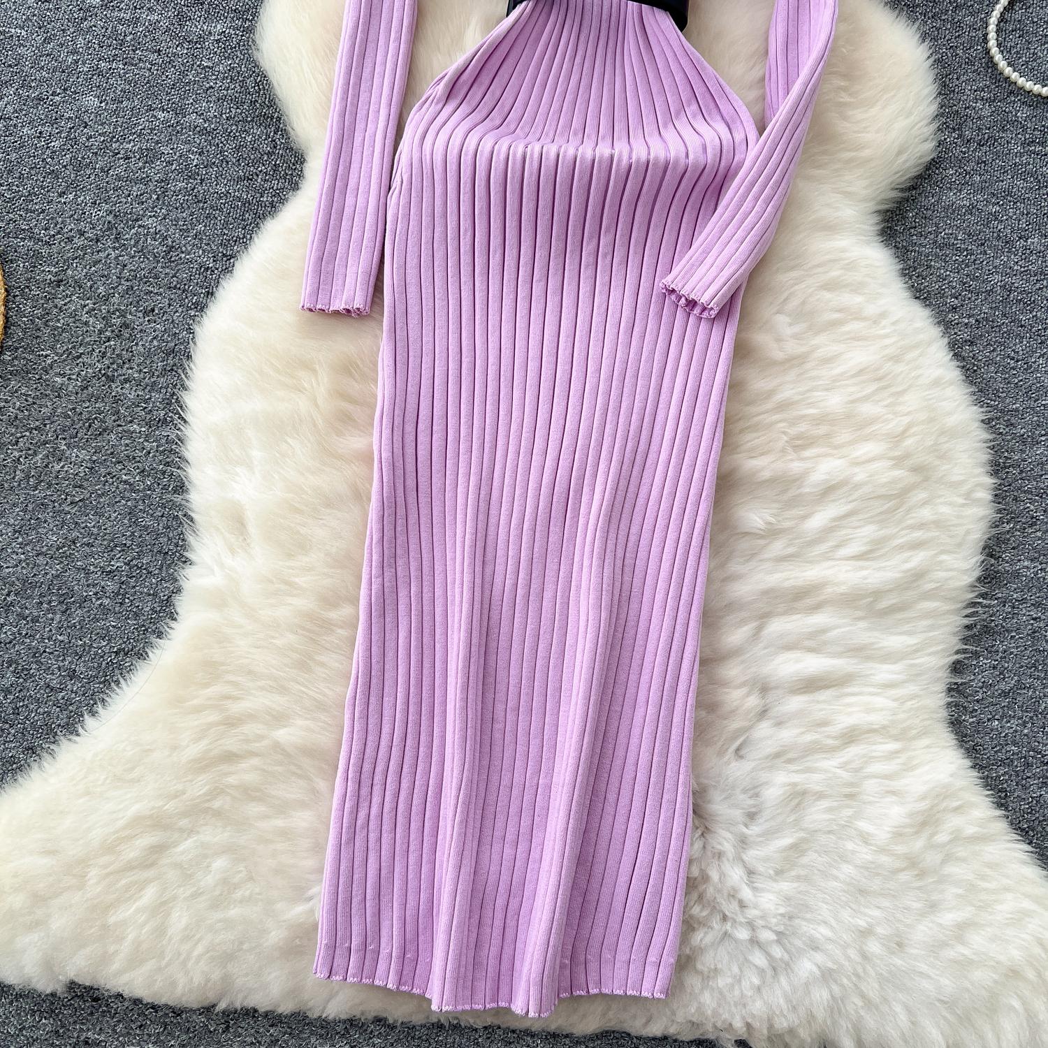 Винтажное базовое платье с V-образным вырезом и длинным рукавом — фото 16