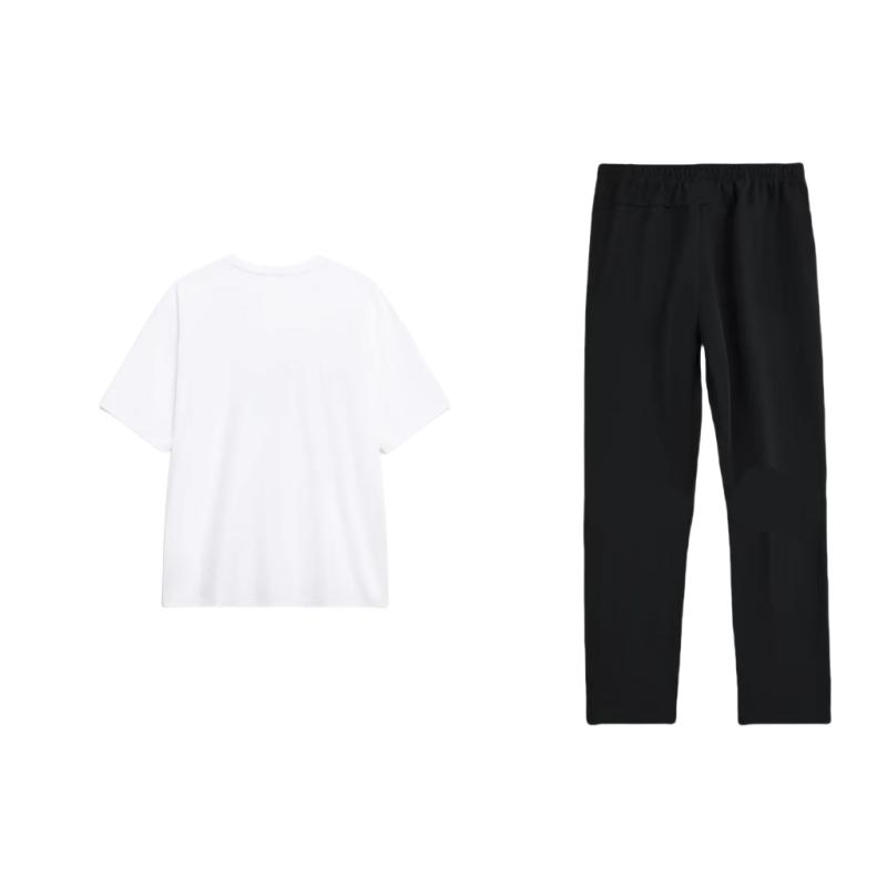 LiNing Logo Letter Print Round Neck Drop Shoulder Loose Versatile Short Sleeve Mid Waist Tied Long Pants Casual Sports Suit AHSU741-1+AYKT413-1