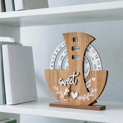 Wood Calendar Ornaments Handcrafted Desk Calendar with Adjustable Month Date Sliding Blocks No Paper Core Unique Office Decor Gift