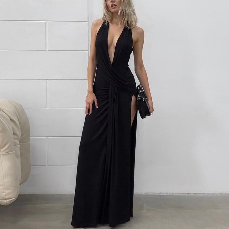 2026 summer new neck dress skirt deep V kink split irregular slim hip wrap long dress
