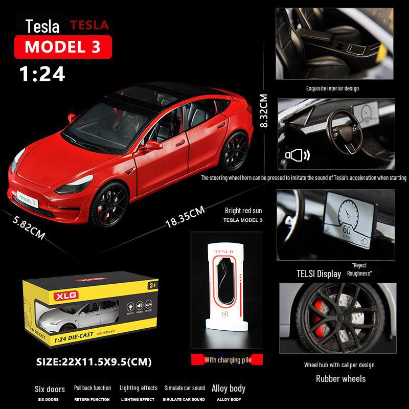1:24 Tesla Model 3 Alloy Toy Car with Sound, Light, and Openable Doors