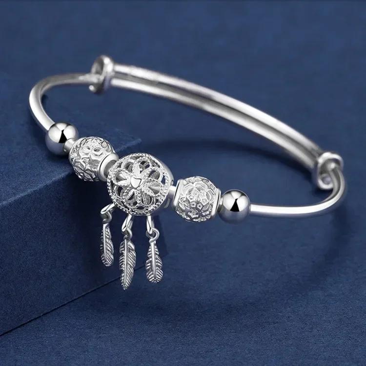 Adjustable Size 925  Silver Bangle Cuff Dreamcatcher Tassel Feather Round Bead Charm Bracelet Jewelry For Women Wedding