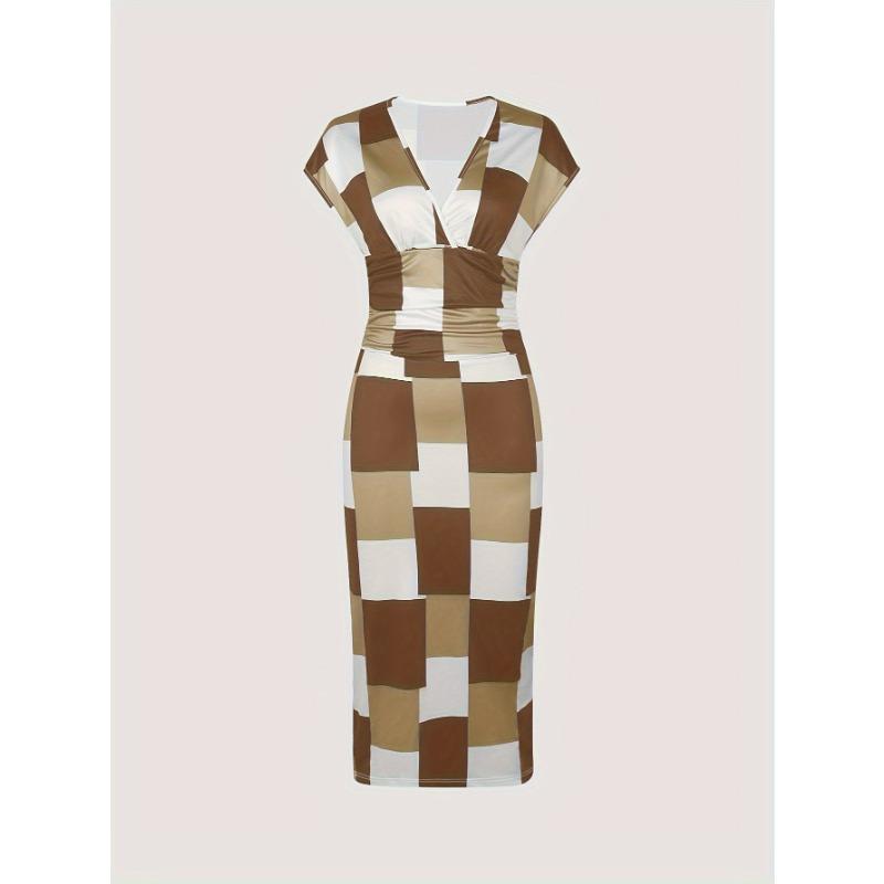 Patchwork Print V Neck Dress, Elegant Short Sleeve Dress For Spring & Summer, Women's Clothing