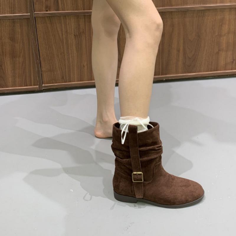 Simple design retro style flat bottom Martin boots women's autumn and winter wear suede round head commuting versatile medium boots