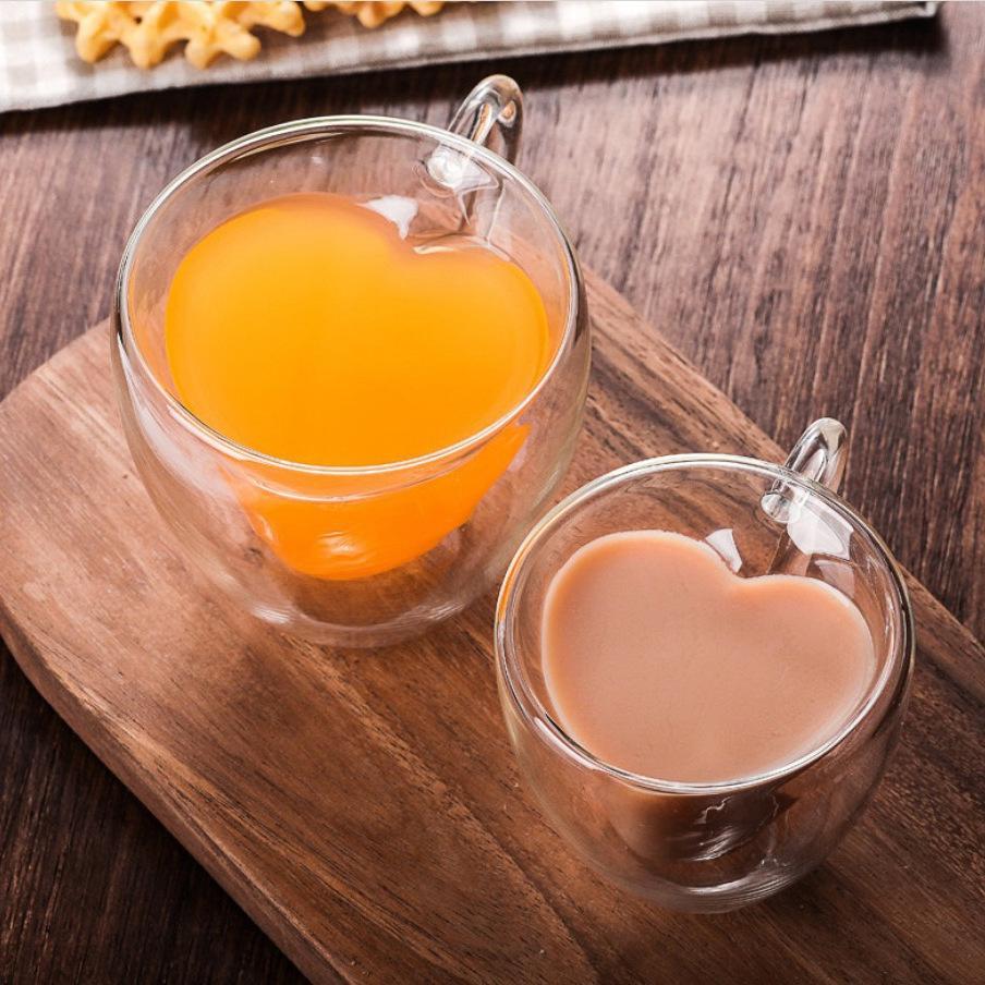 Baifenbai Home Furnishing Double Glass Transparent Glass Water Cup Creative Heart-Shaped Glass Coffee Cup Household High Borosilicate Water Cup