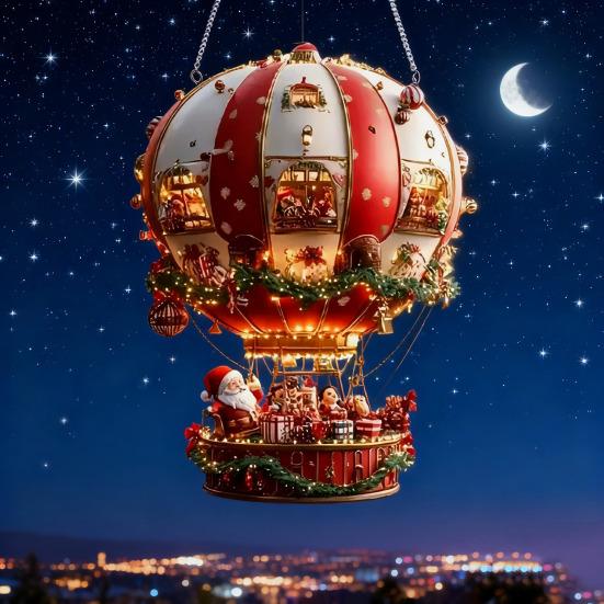 Hot Air Balloon Christmas Ornament 2D Flat Acrylic Santa Claus On