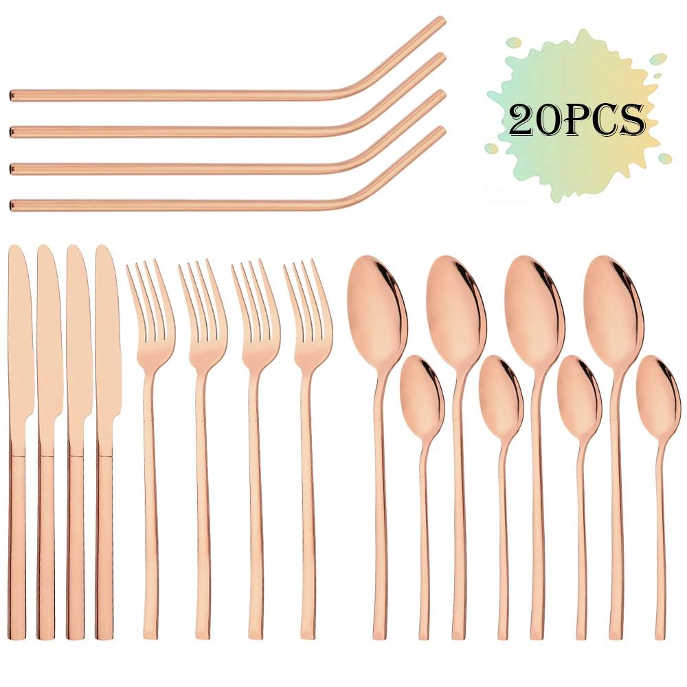 Set di stoviglie di lusso dorate da 20 pezzi Posate in acciaio inossidabile Coltello Forchetta Cucchiaio Cucchiaino Cannuccia in metallo Set di posate Posate da cucina
