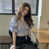 Off Shoulder Lace Up Bow Crop Top Blouse Women Summer Shirring Puff Short Sleeve Female Shirts Sweet Ruffle Tunic Korean Fashion