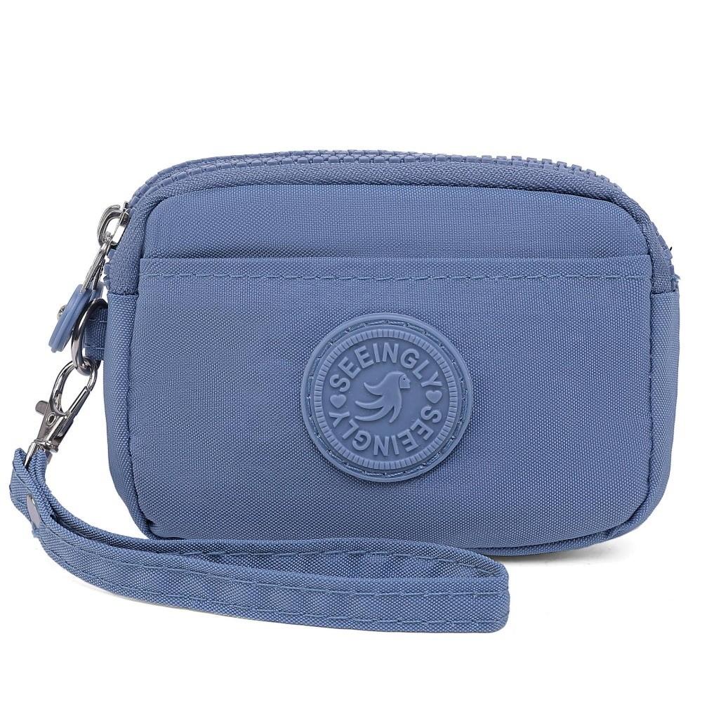 Portable Solid Color Women Wallet with Lanyard Waterproof Credit Card Holder Double Layer Nylon Zipper Clutch Ladies