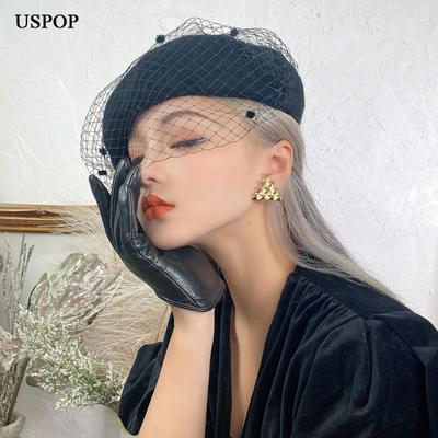Hat Soft USPOP  Women's Hats Winter Thick Wool Berets Adjustable Size Solid Color Vintage Mesh Yarn Beret Hat