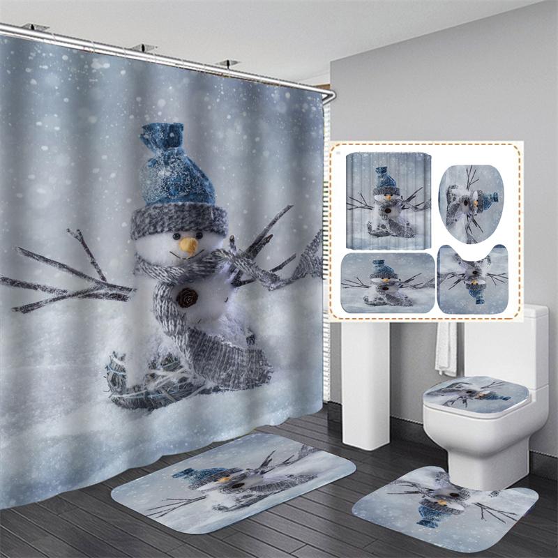 Cute Snowman Christmas Shower Curtain Set Silver Pine Branches Snowflake Xmas Balls Bathroom Decor Rug Bath Mat Toilet Lid Cover