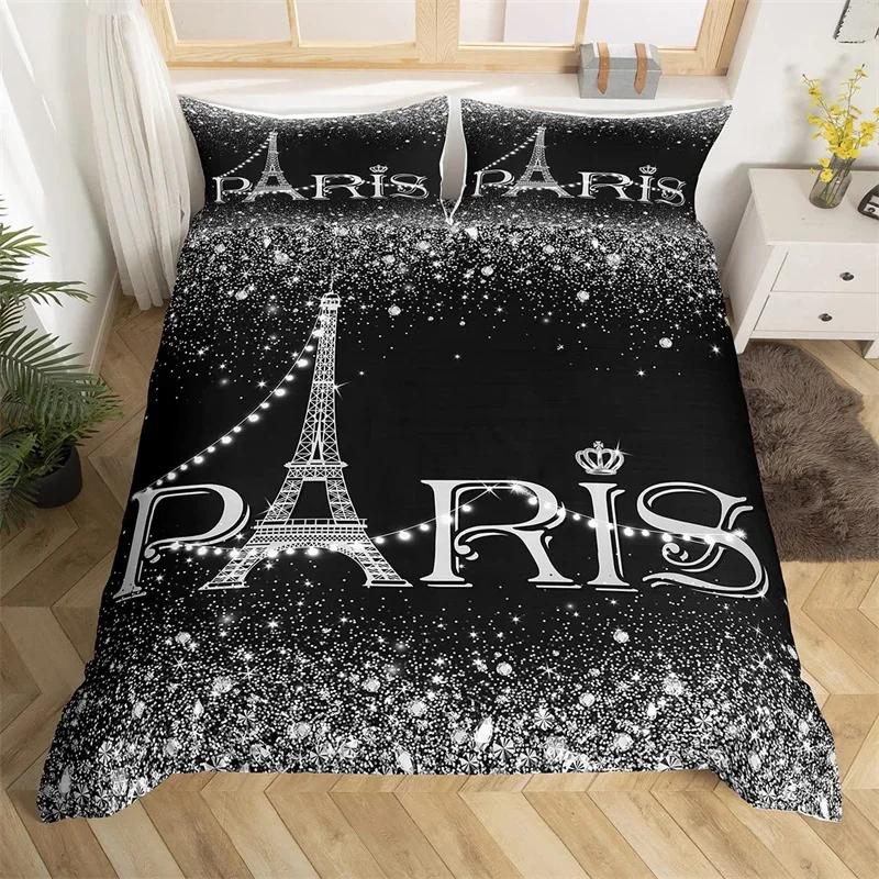 Eiffel Tower Duvet Cover Set Single Twin King For Kids Girl Teen Room Paris Bedding Set Microfiber Gradient Diamond Quilt Cover