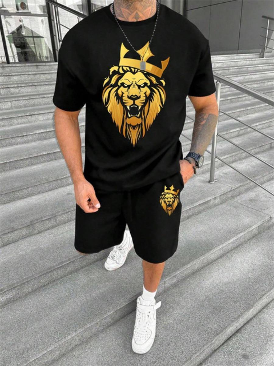 

Новый комплект из двух предметов: футболка с круглым вырезом и коротким рукавом, модные шорты с принтом льва 3D, шорты с коротким рукавом, мужской летний спортивный комплект из 2 предметов 6XL
