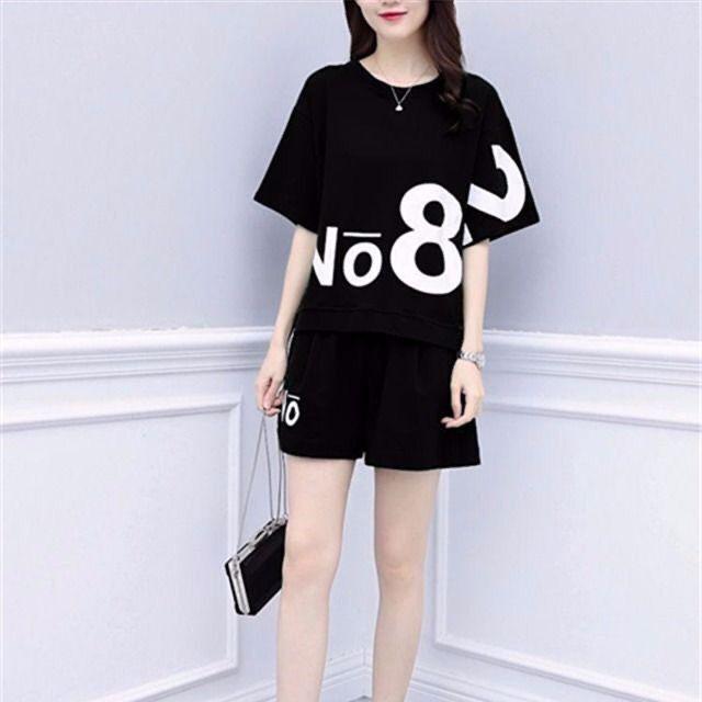 

Летний женский комплект одежды Футболки с коротким рукавом+Шорты Костюм из 2 предметов Женская повседневная спортивная одежда Наряды с надписями Женский свободный спортивный костюм M чёрный