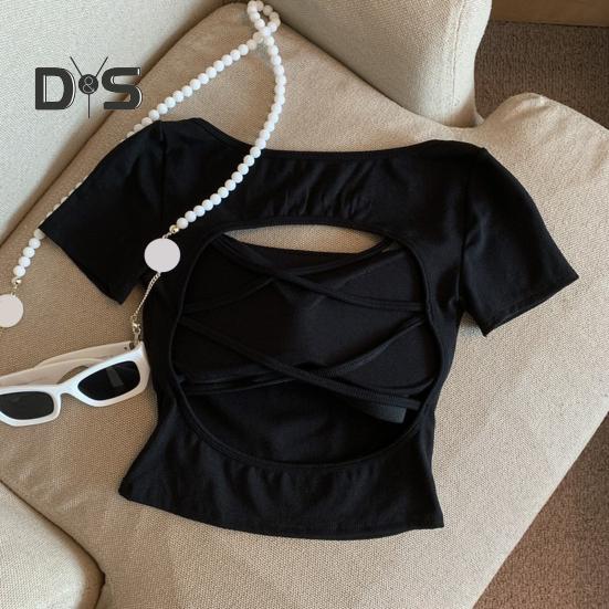 Damen T-Shirt mit quadratischem Kragen, kurzärmelig, mit Hohlkreuz, einfarbig, schmale Passform, kurze Oberteile für den Alltag