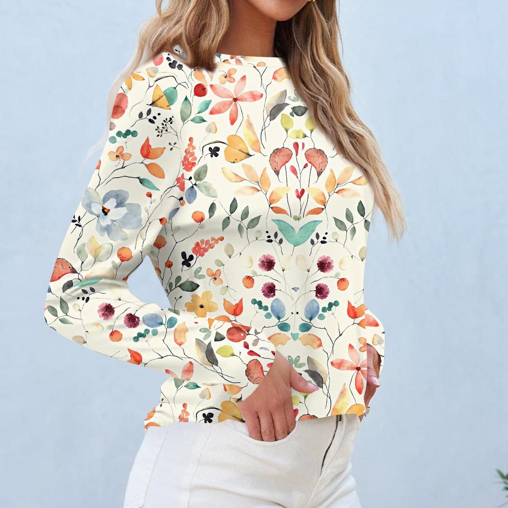 Dámský denní ležérní top s dlouhým rukávem a potiskem s kulatým výstřihem